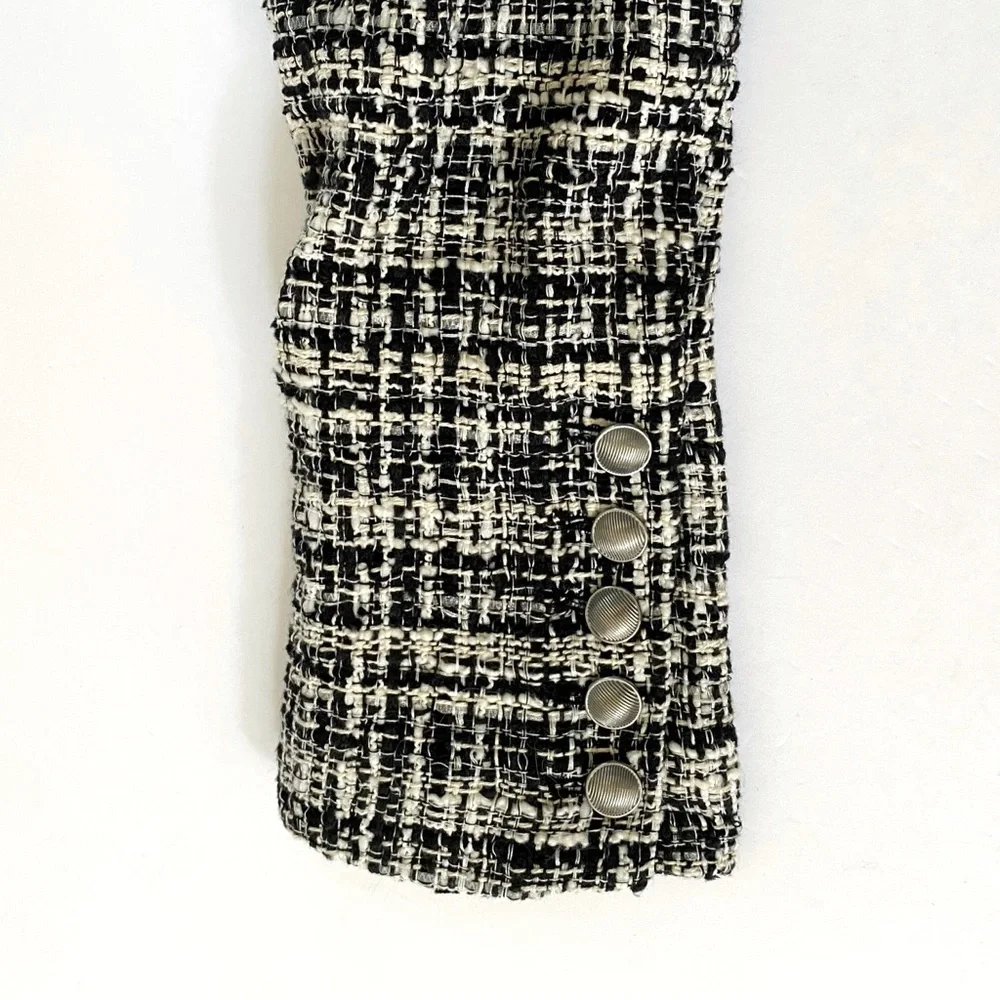 L’AGENCE KENZIE BLACK WHITE TWEED DOUBLE BREASTED BUTTON UP BLAZER JACKET - Picture 7 of 16
